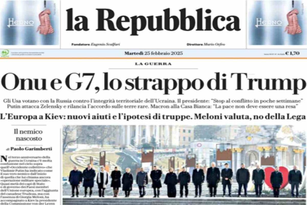 La prima pagina di oggi di Repubblica