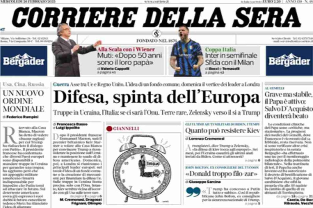 Il Corrriere della Sera, la prima pagina di oggi