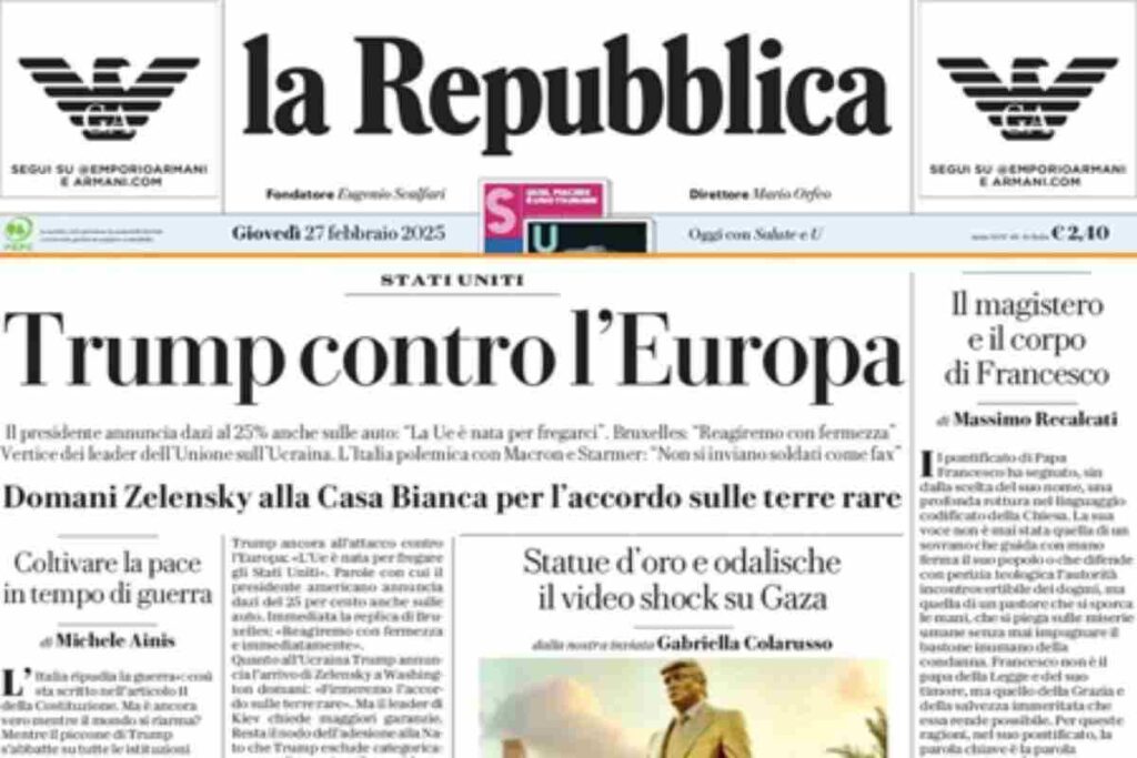 La prima pagina di oggi di Repubblica