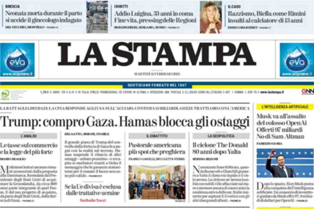 La Stampa, la prima pagina di oggi