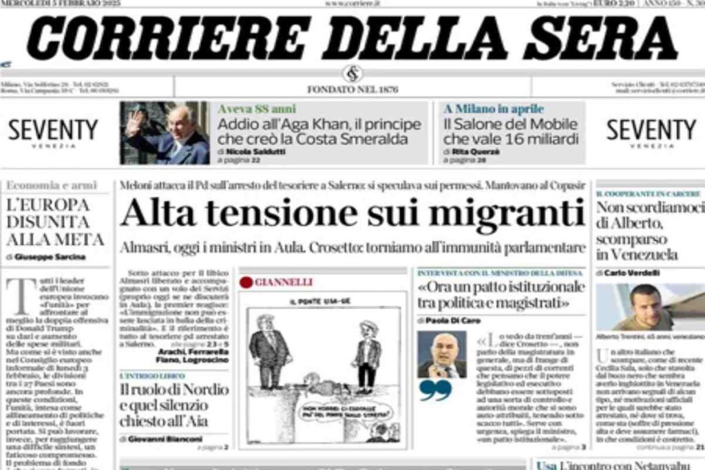 Il Corriere della Sera, la prima pagina di oggi