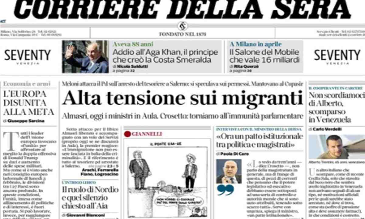 Il Corriere della Sera, la prima pagina di oggi