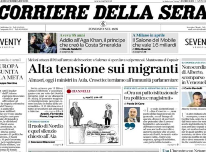 Il Corriere della Sera, la prima pagina di oggi