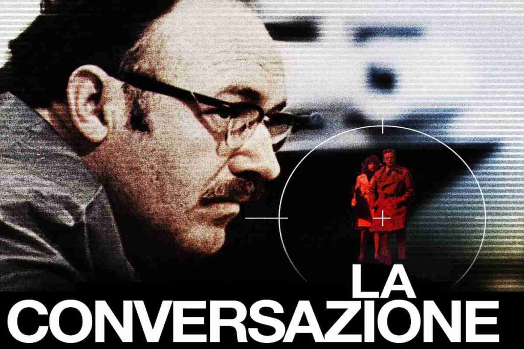 La locandina del film La conversazione, di Francis Ford Coppola, con l'attore Gene Hackman in evidenza