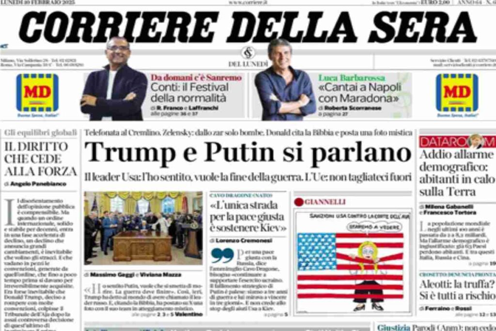 Il Corriere della Sera, la prima pagina di oggi