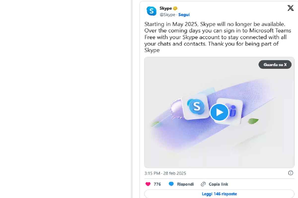 Il post che annuncia la chiusura di Skype 