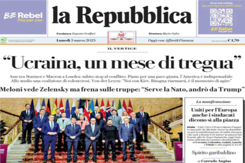 La prima pagina di oggi di Repubblica