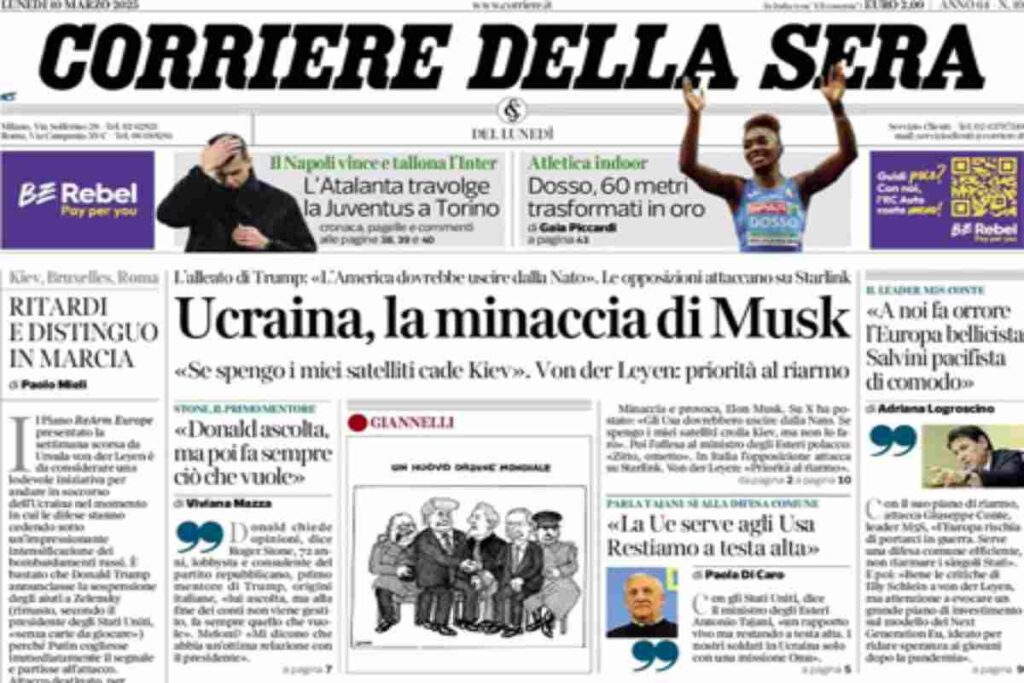 Il Corriere della Sera, la prima pagina di oggi