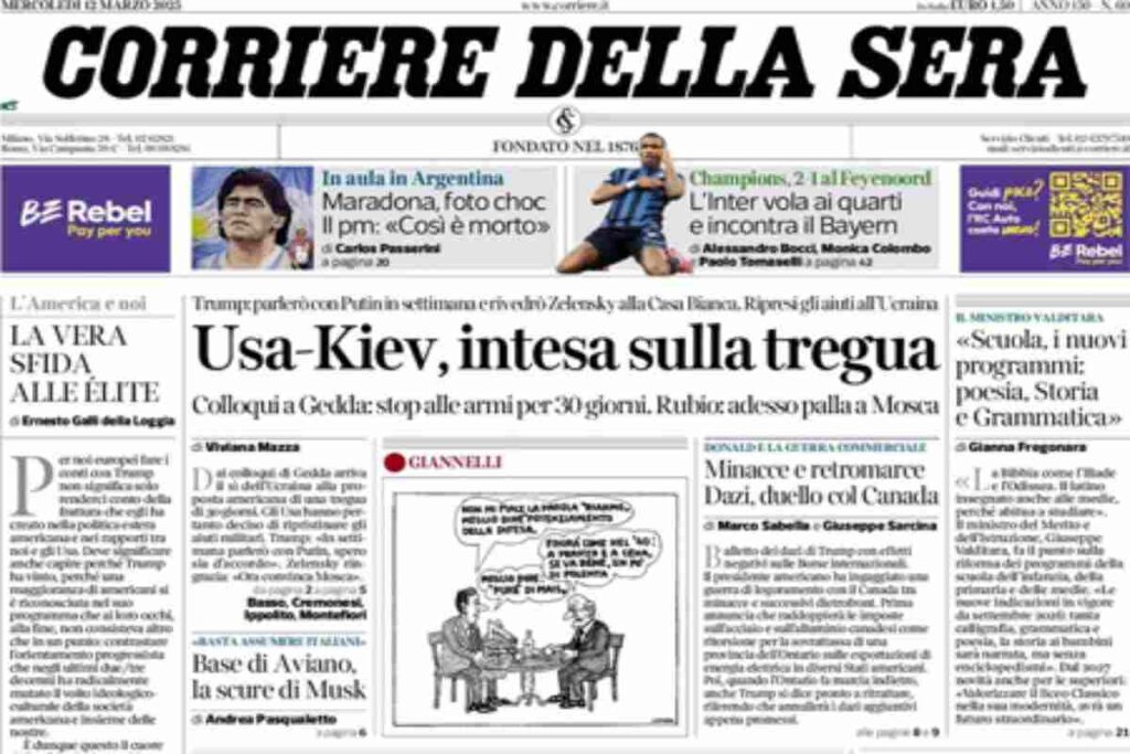 Il Corriere della Sera, la prima pagina di oggi