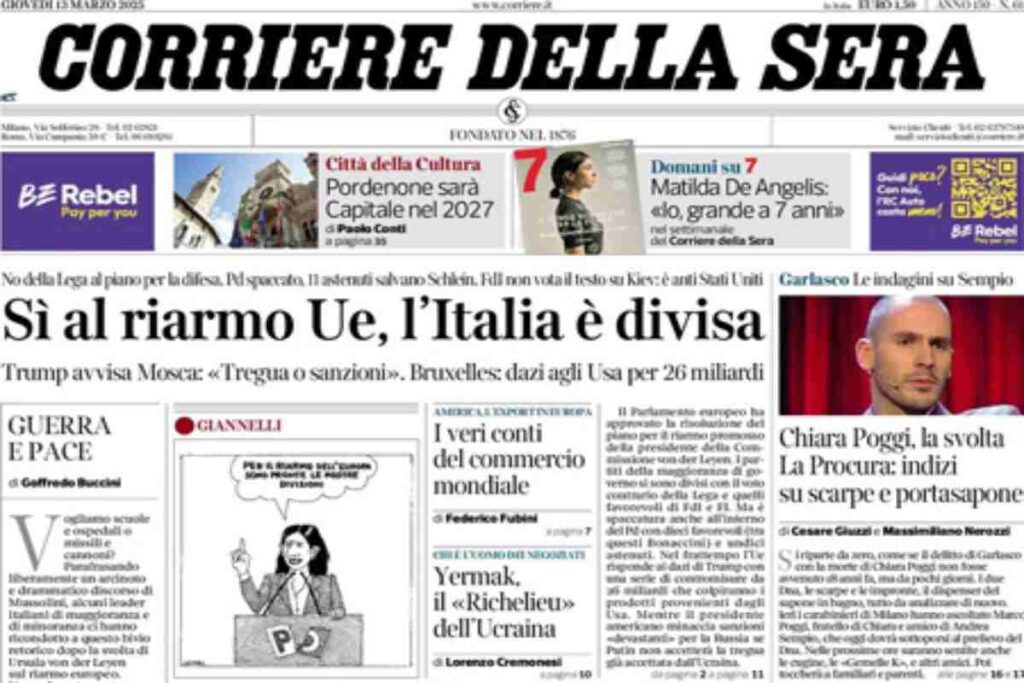 Il Corriere della Sera, la prima pagina di oggi