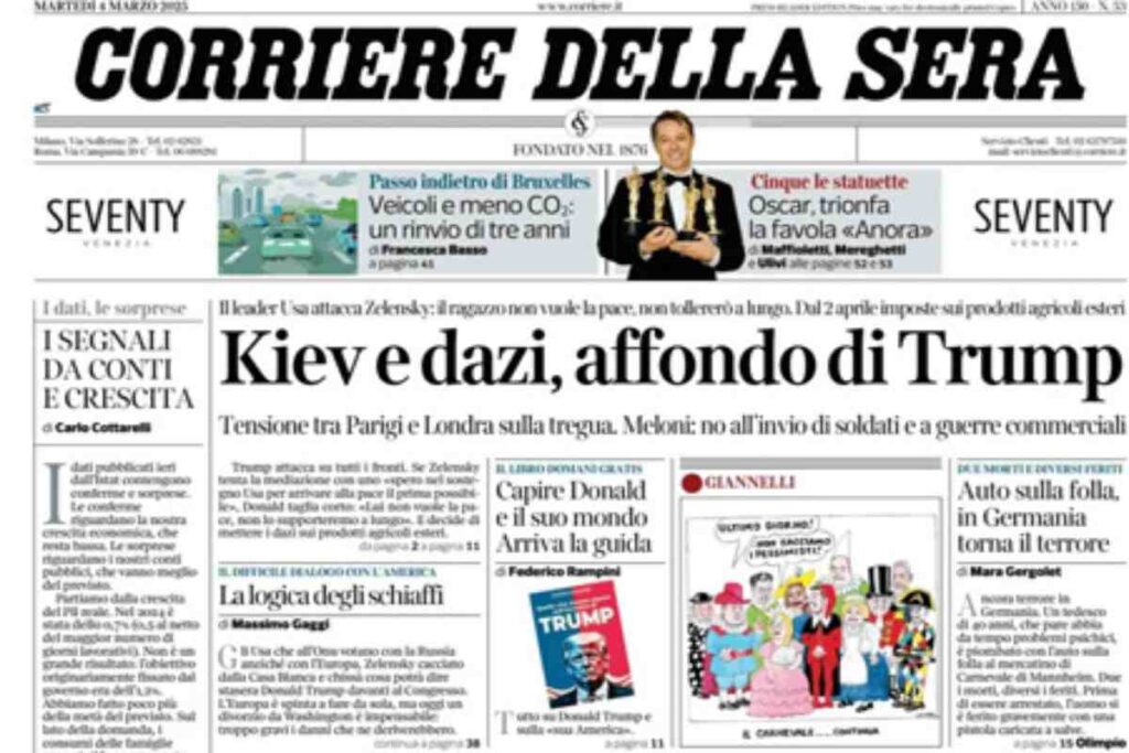 Il Corriere della Sera, la prima pagina di oggi