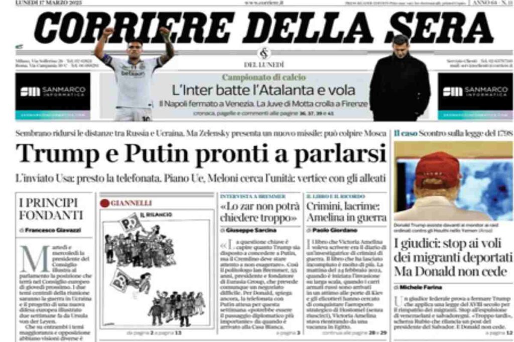 Il Corriere della Sera, la prima pagina di oggi