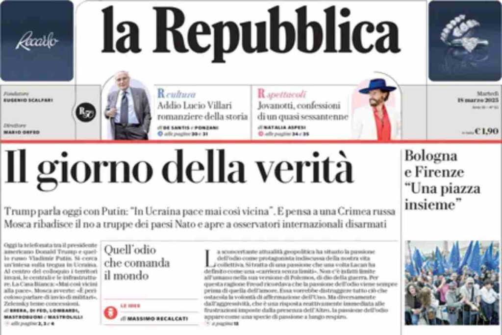 Repubblica, la prima pagina di oggi