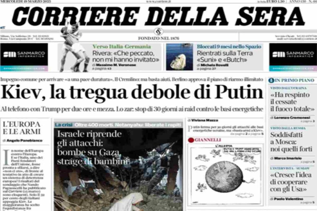 Il Corriere della Sera, la prima pagina di oggi