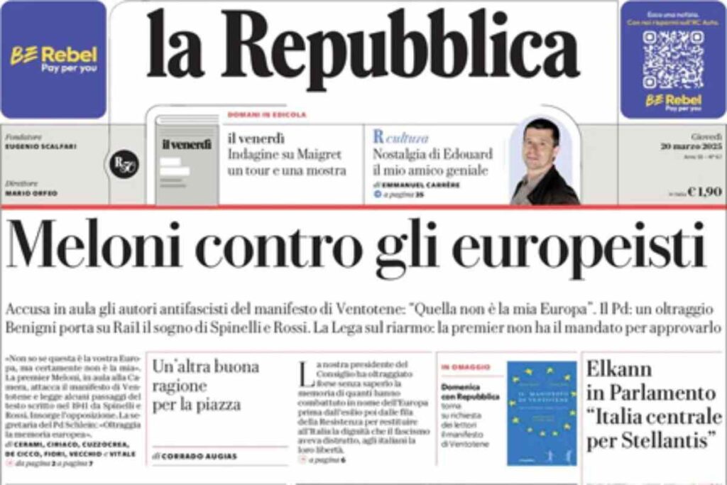 Repubblica, la prima pagina di oggi