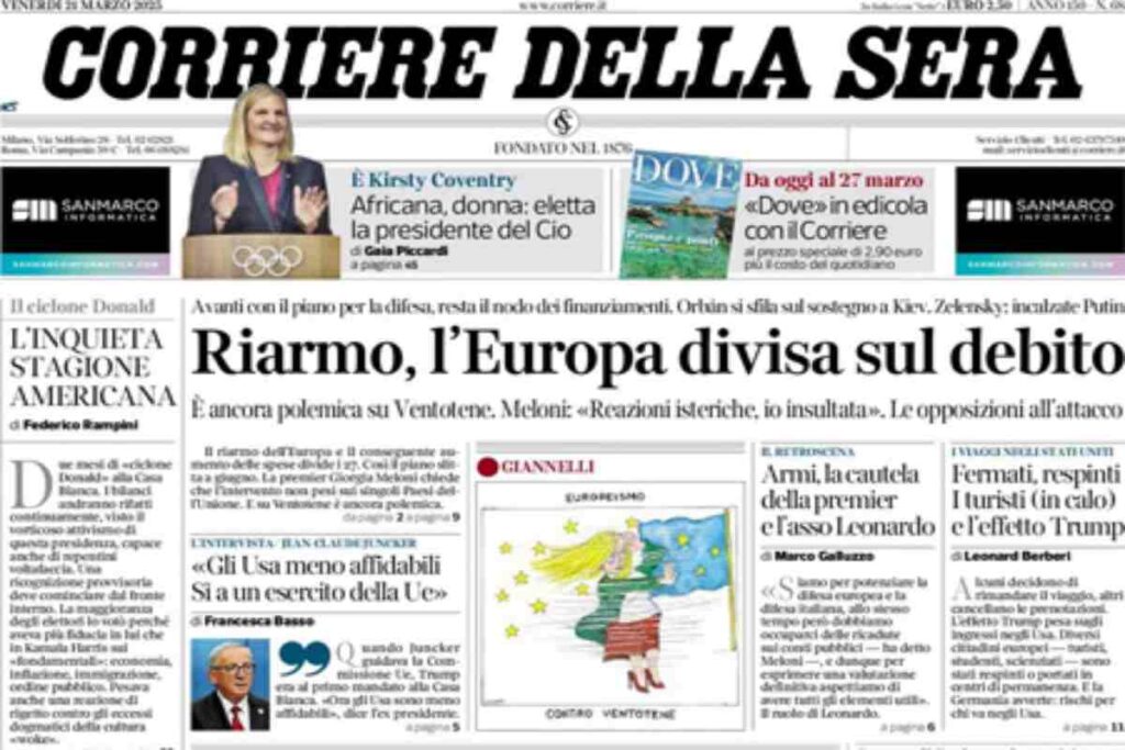 Il Corriere della Sera, la prima pagina di oggi