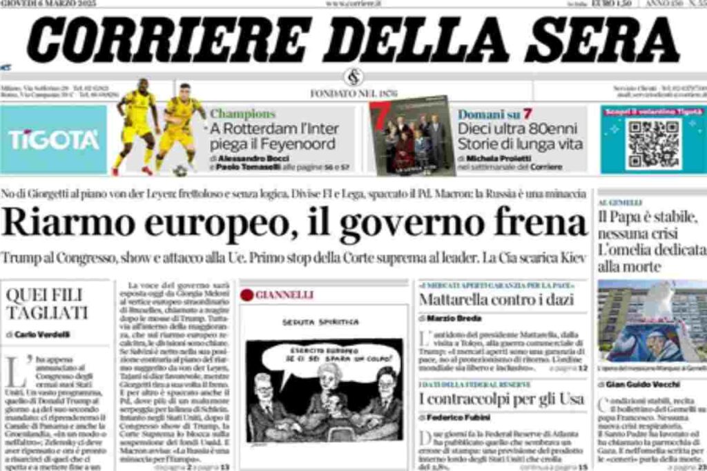 Il Corriere della Sera, la prima pagina di oggi