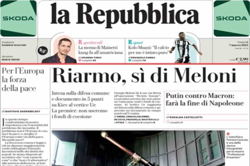 Repubblica, la prima pagina di oggi