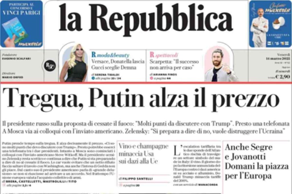 Repubblica, la prima pagina di oggi