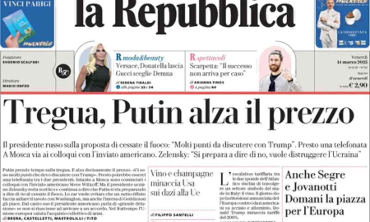 Repubblica, la prima pagina di oggi