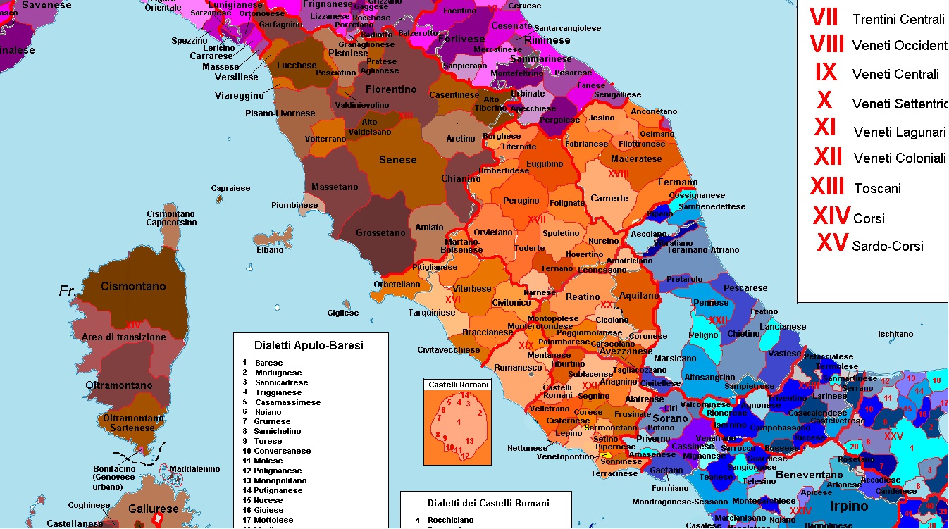 Guarda la mappa dei dialetti italiani, dai Gallo-Italici ai Meridionali