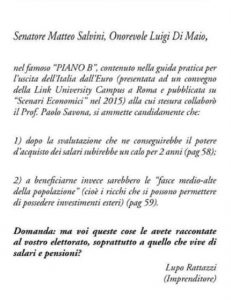 Lupo Rattazzi compra pagina su Repubblica: "Di Maio e Salvini, avete spiegato ai vostri elettori il Piano B?"
