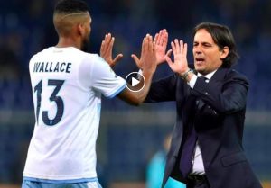 Marsiglia-Lazio 1-3 highlights, pagelle e video gol. Wallace esulta con Inzaghi dopo la rete del vantaggio (Ansa)