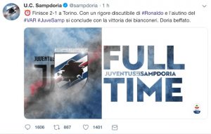 Sampdoria: "Juventus ha vinto con rigore discutibile di Ronaldo e aiutino del VAR"