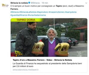Sampdoria, doppio tapiro d'oro per Massimo Ferrero: "Hanno voluto fare un po' di clamore, è Natale..."