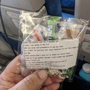Volo di 10 ore, l'idea di una madre in viaggio col figlioletto: un pacchetto con caramelle e tappi per tutti i passeggeri