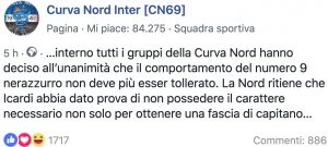 Il comunicato della Curva Nord Inter contro Mauro Icardi (dalla pagina Facebook della Curva Nord nerazzurra)